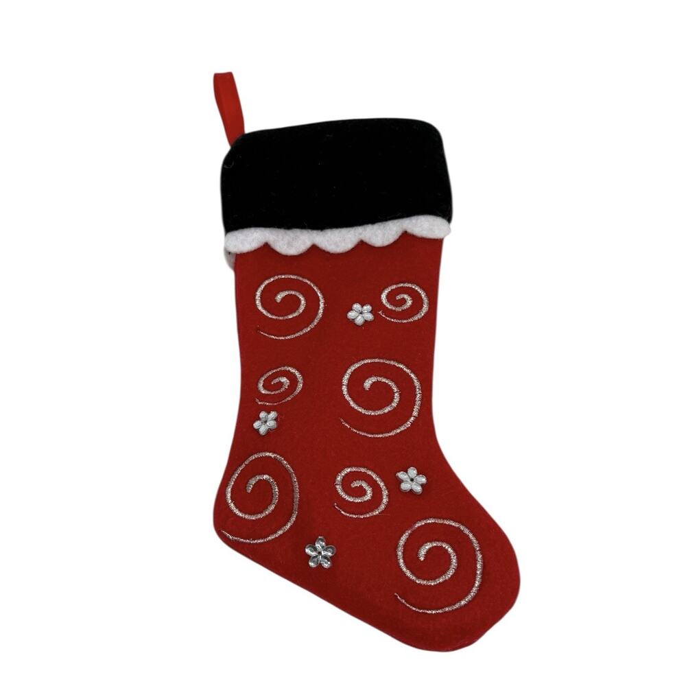 Vintage 7” Red Christmas Stocking Silver Swirls Appliqués White Rhinestones